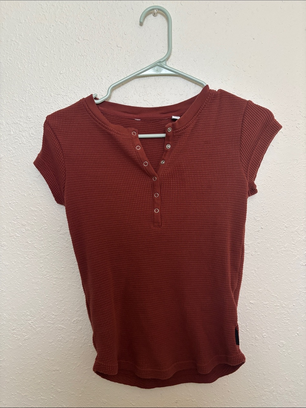 red waffle knit button top
